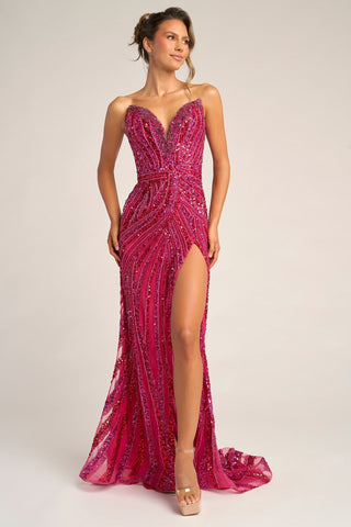 Hot pink beaded formal gown with high slit