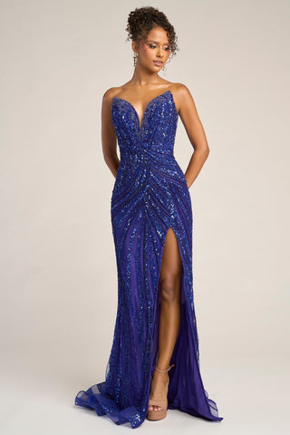 Royal blue sequin gown with high slit (PS26418C)